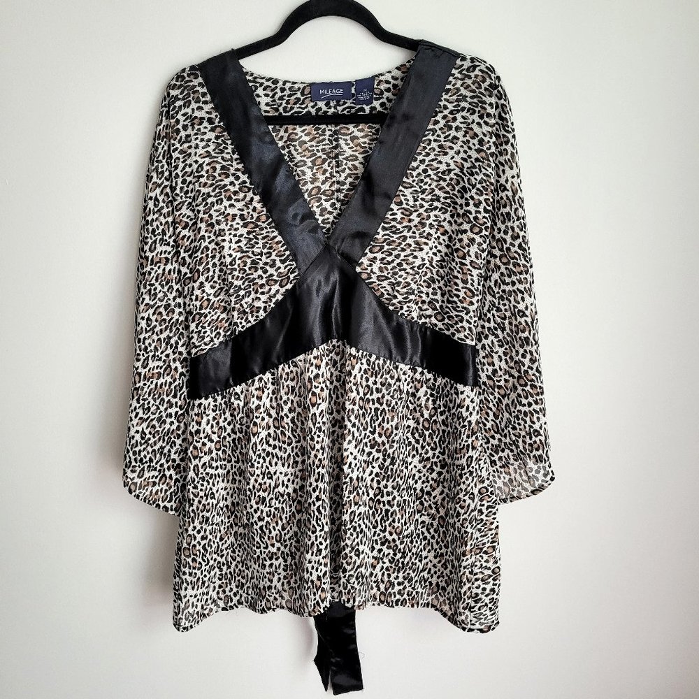 Mileage Animal Print Satin Neckline Back Satin Tie Flare Sleeves V-Neck Top